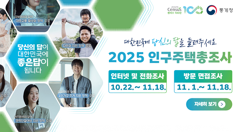 대한민국에 당신의 답을 들려주세요 2025 인구주택총조사 인터넷 및 전화조사 : 10.22.~11.18. 방문 면접조사 : 11.1.~11.18.